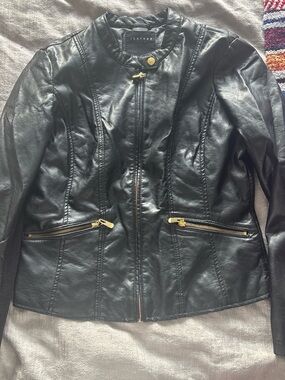 therapy Black Faux Leather Jacket with Gold Hardware